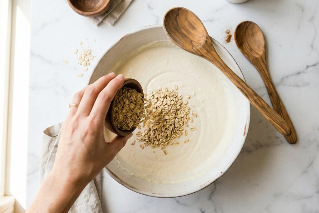 Pouring rolled oats into blended cottage cheese batter
in a white ceramic mixing bowl