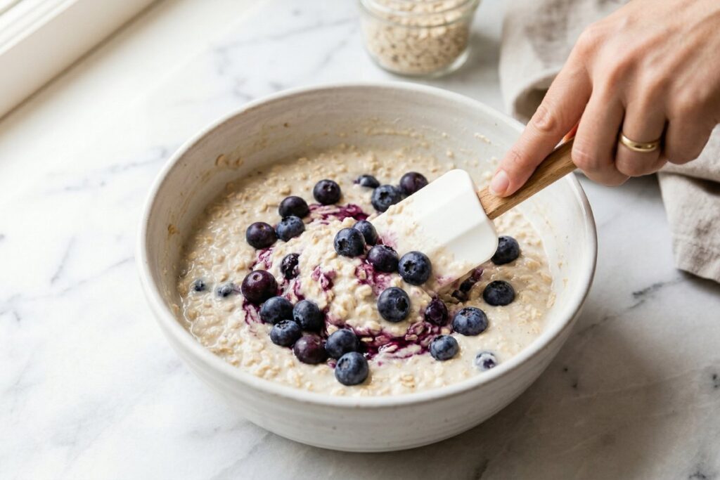 Folding fresh blueberries into creamy oat cottage cheese
batter using a rubber spatula