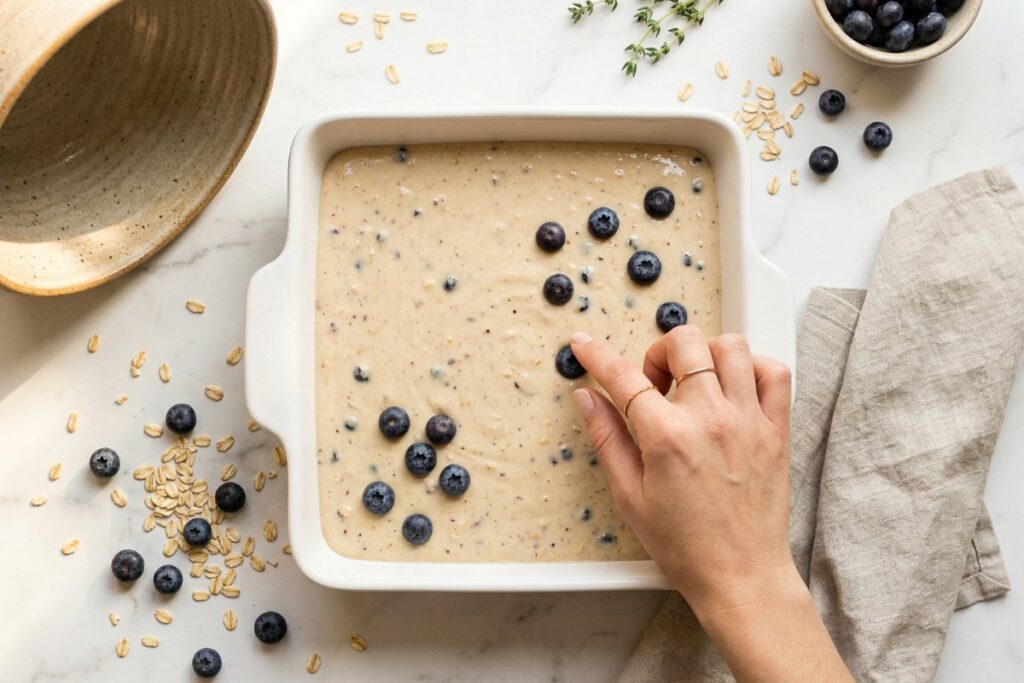 Pouring blueberry cottage cheese batter into a square
white baking dish and topping with fresh blueberries
