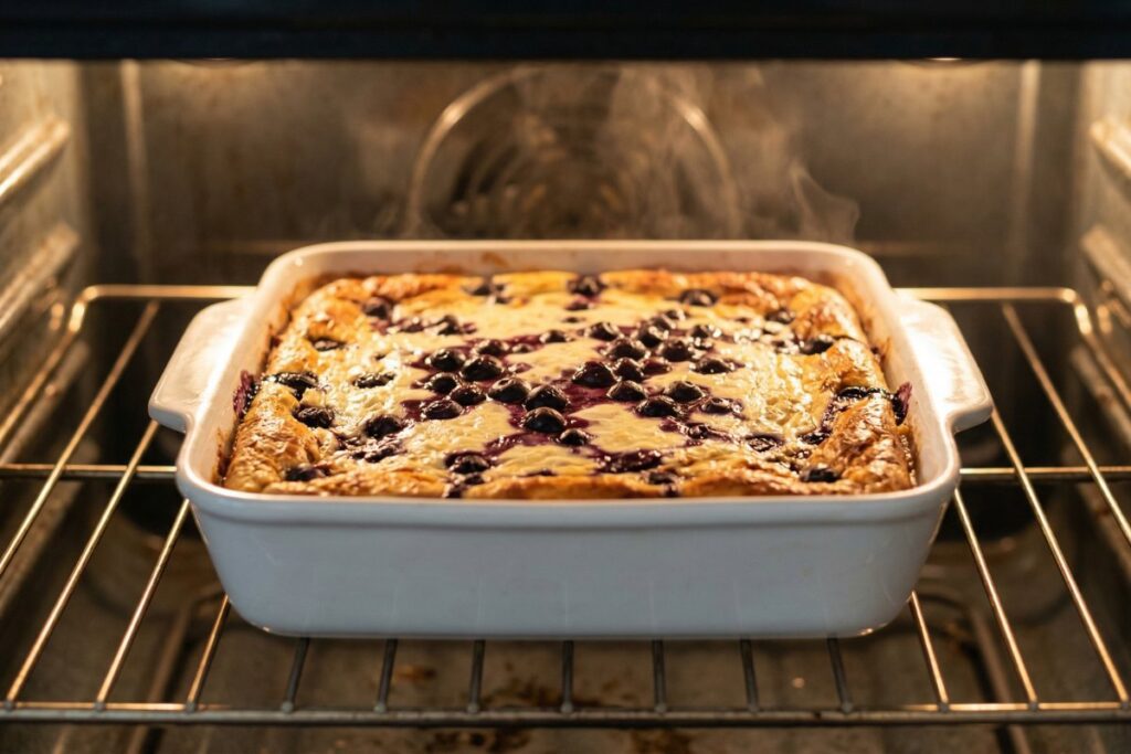 Blueberry cottage cheese breakfast bake in the oven
with golden brown edges and bubbling blueberry juice