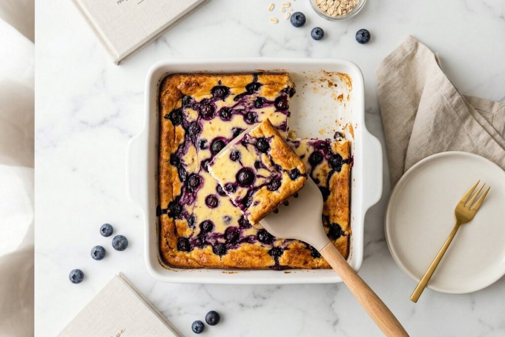 Lifting a slice of blueberry cottage cheese breakfast bake
showing creamy custard interior with blueberry swirls