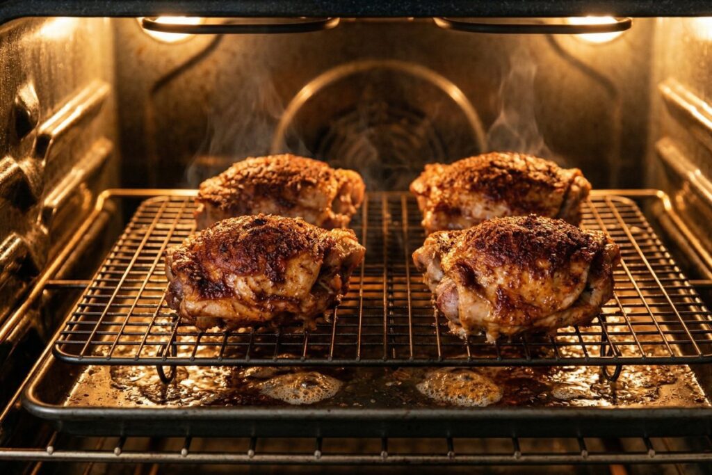 Baked chicken thighs in the oven with deep golden crispy 
skin and bubbling juices at 425 degrees