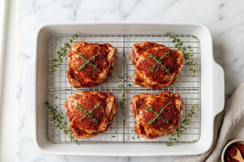 Four seasoned raw chicken thighs placed skin-side up on 
wire rack in white baking dish ready for the oven