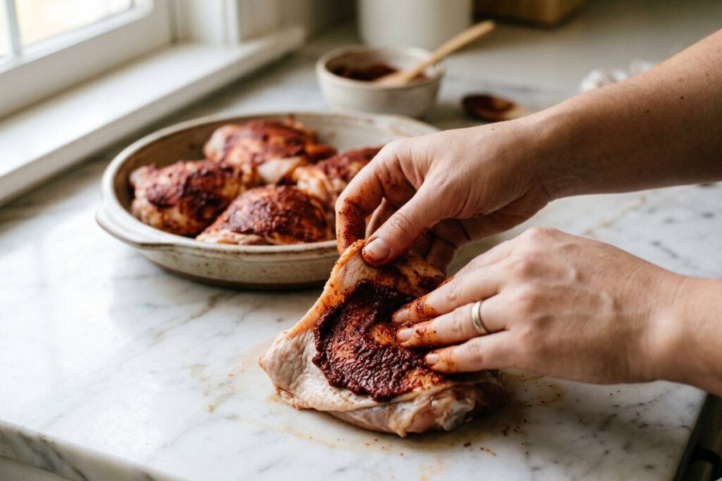 Rubbing dark spice paste under and over raw chicken thigh 
skin for maximum flavor