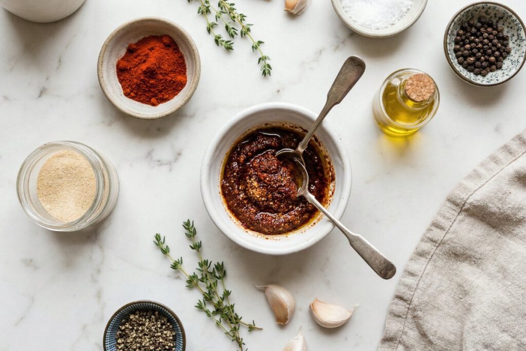 Smoked paprika garlic powder and olive oil mixed into 
a spice paste for baked chicken thigh recipe
