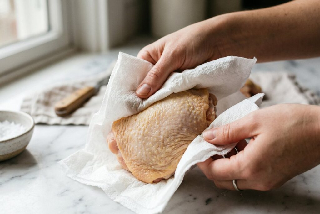 Patting raw chicken thigh completely dry with paper towels 
before seasoning for crispy skin