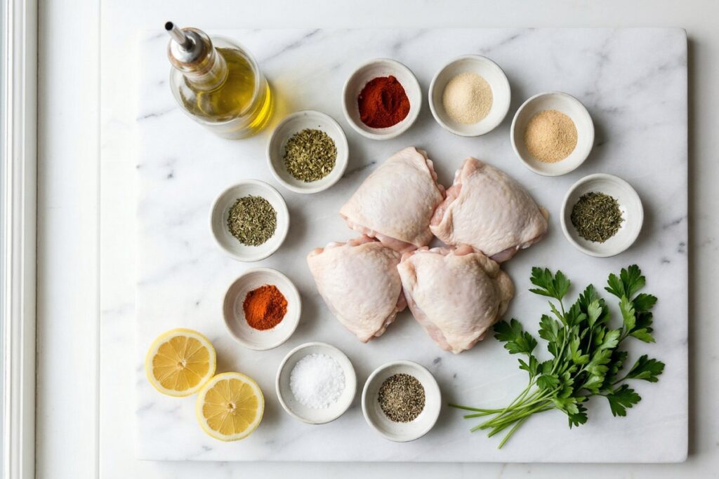 All ingredients for baked chicken thigh recipe including 
raw chicken thighs spices olive oil and lemon on marble surface
