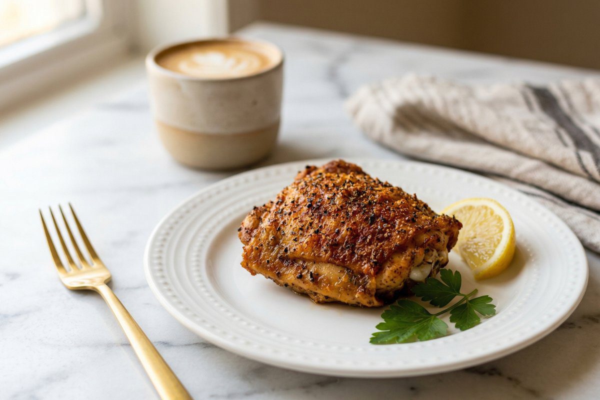 Four golden crispy baked chicken thighs on a wooden board with lemon wedges and fresh parsley on white marble surface