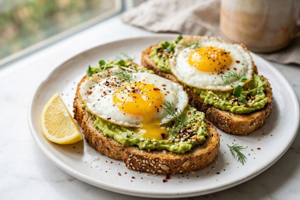 healthy breakfast ideas easy - avocado toast with fried egg on whole grain bread