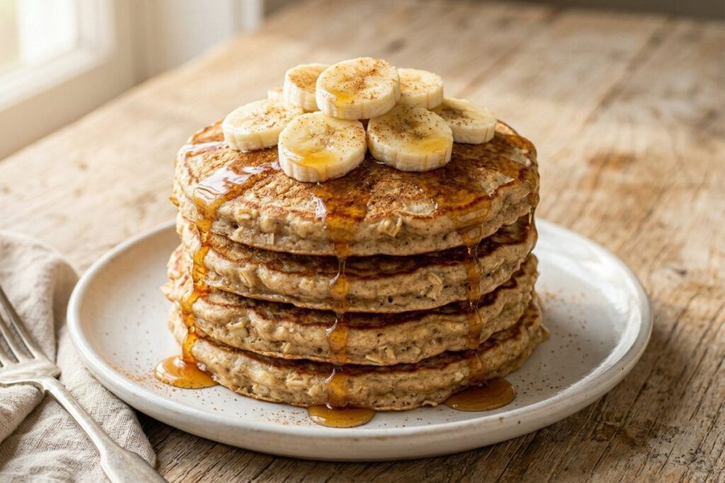 healthy breakfast ideas easy - banana oat pancakes with maple syrup