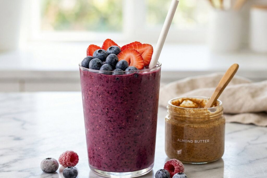 healthy breakfast ideas easy - berry protein smoothie with almond butter
