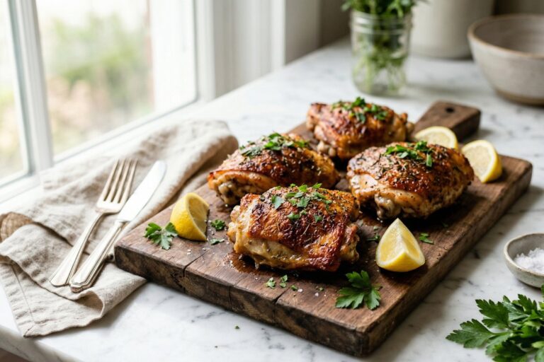 Single baked chicken thigh on white plate with crispy skin garnished with parsley lemon wedge and honey drizzle