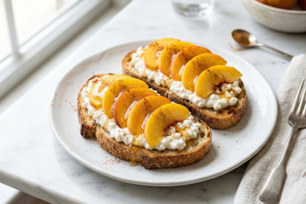 healthy breakfast ideas easy - cottage cheese toast with honey and fresh peaches
