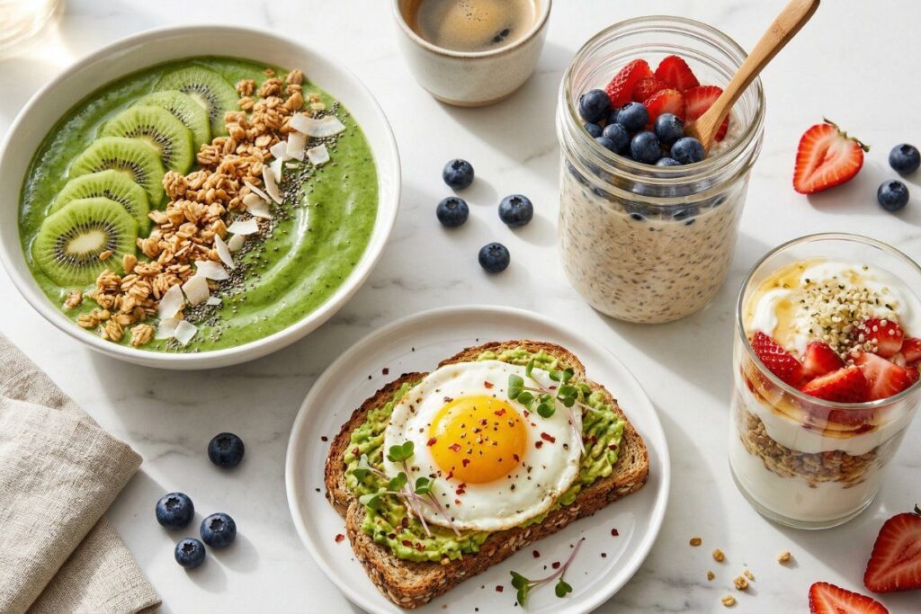 healthy breakfast ideas easy - flat lay of 10 quick breakfast recipes