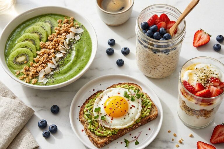 healthy breakfast ideas easy - flat lay of 10 quick breakfast recipes