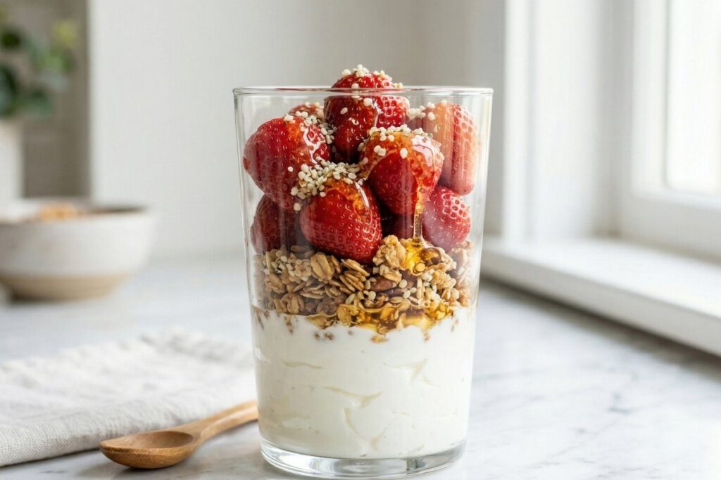 healthy breakfast ideas easy - Greek yogurt parfait with granola and fresh strawberries