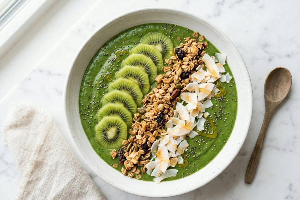 healthy breakfast ideas easy - green smoothie bowl with kiwi granola and coconut