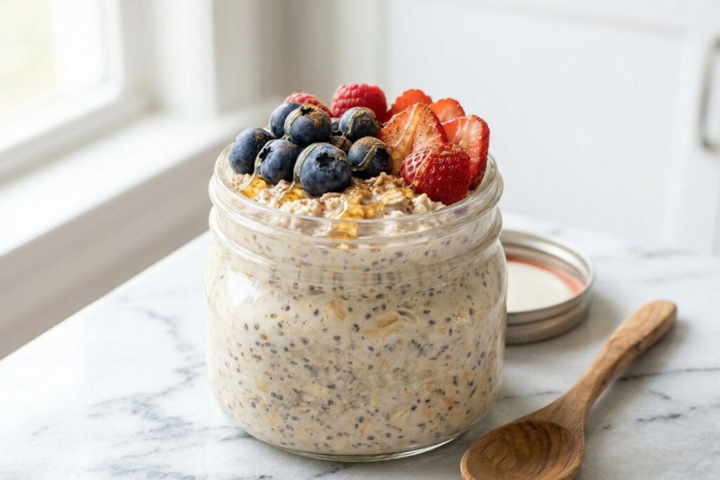 healthy breakfast ideas easy - overnight oats with blueberries and strawberries