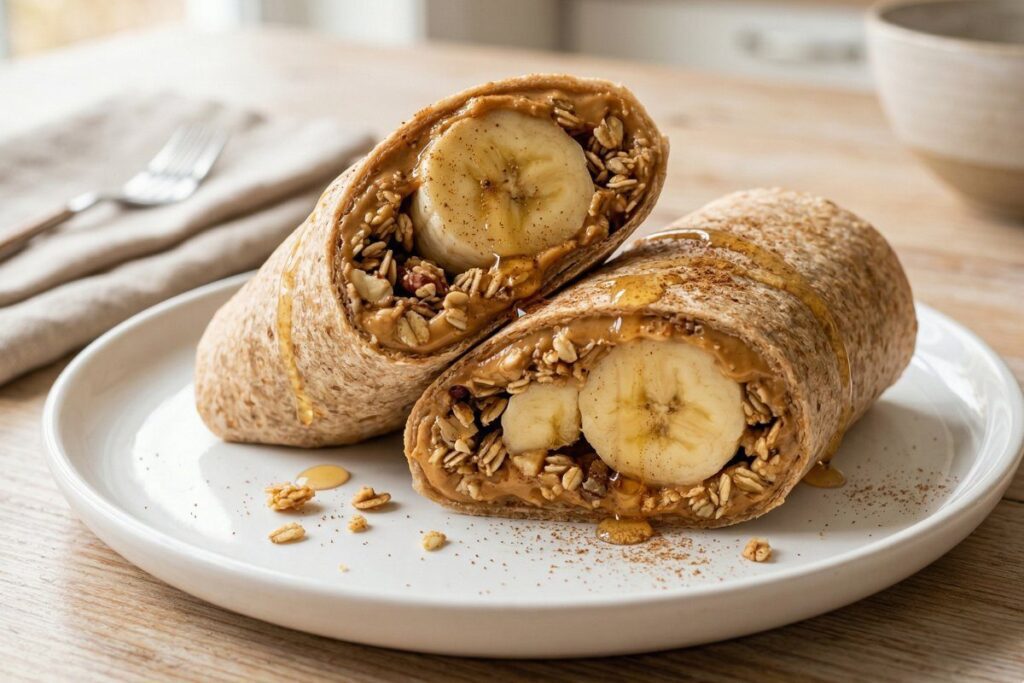 healthy breakfast ideas easy - peanut butter banana wrap sliced in half